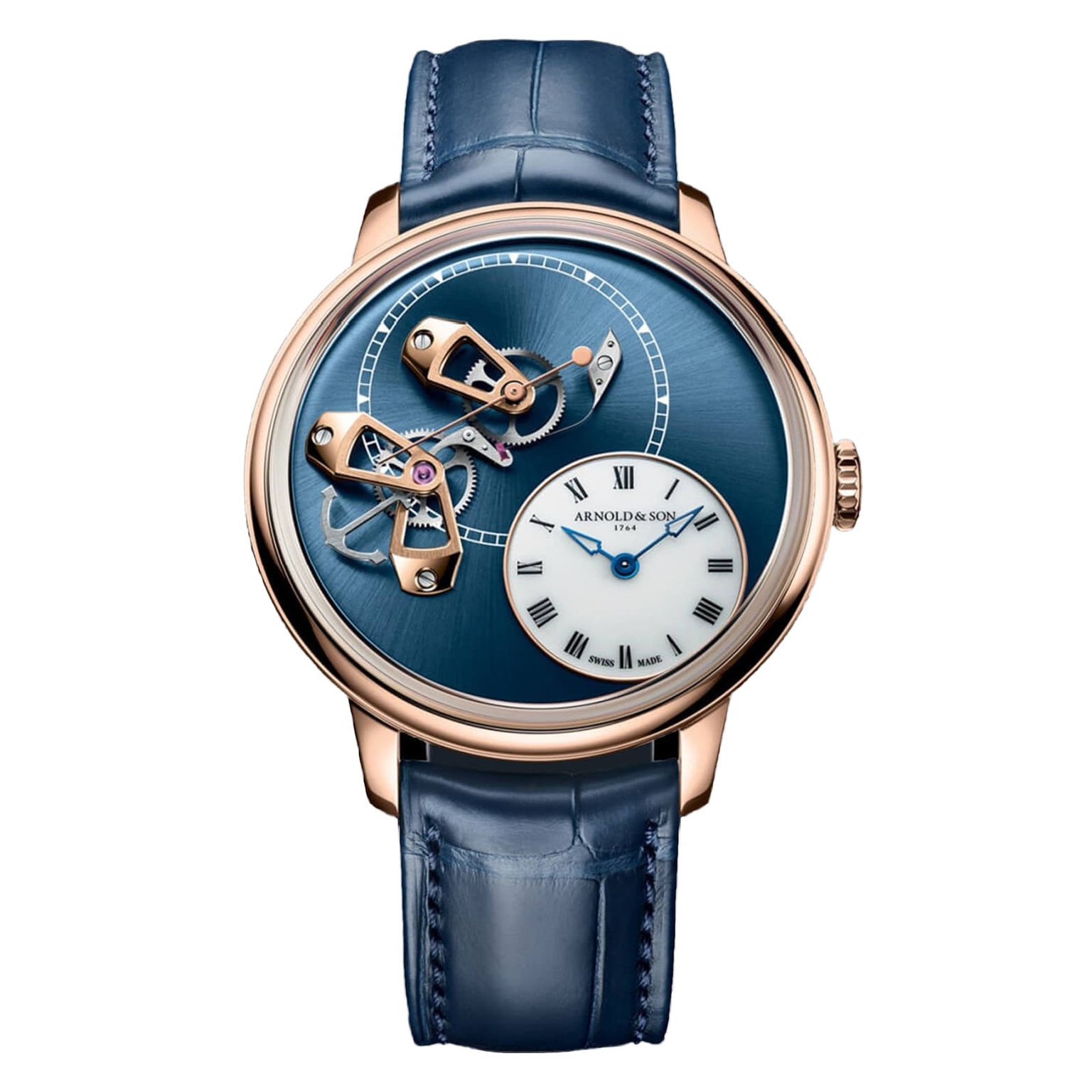 The Arnold & Son DSTB 42 Red Gold is a luxury watch with a blue face, visible gears, small white subdial, and blue leather strap.