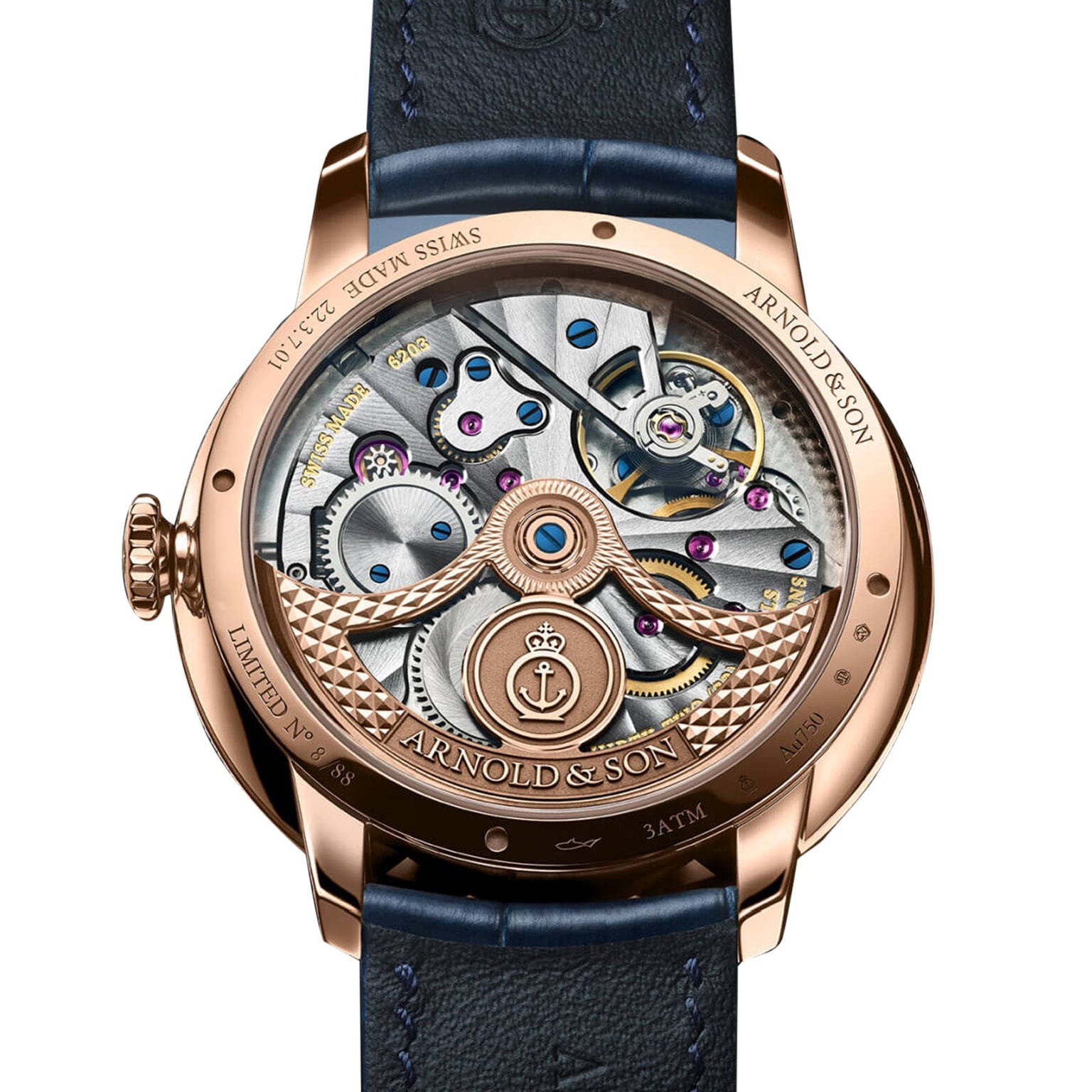Close-up of the back of the Arnold & Son DSTB 42 Red Gold watch, featuring its exposed and intricate mechanical movement.
