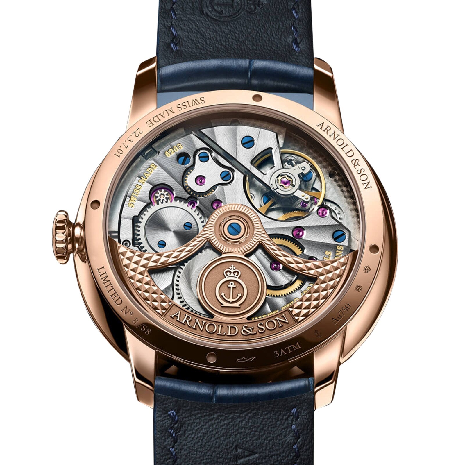Close-up of the back of the Arnold & Son DSTB 42 Red Gold watch, featuring its exposed and intricate mechanical movement.