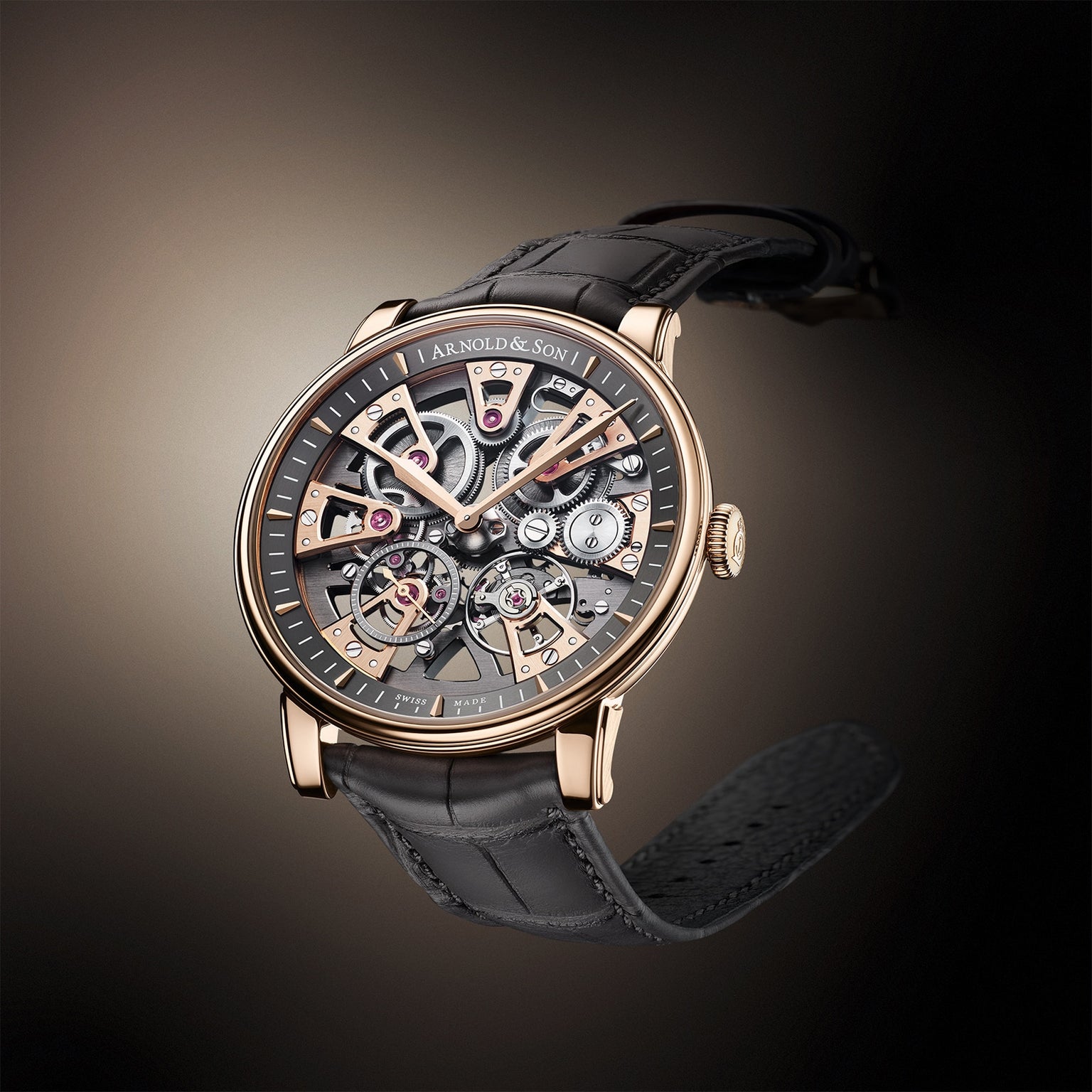 The Arnold & Son Nebula 41.5 Red Gold features a skeleton dial with exposed gears, a rose gold case, and a black leather strap, elegantly displayed against a gradient background.