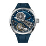 The Greubel Forsey Balancier Convexe S² features a blue strap, openwork dial with visible gears, and a power reserve indicator.