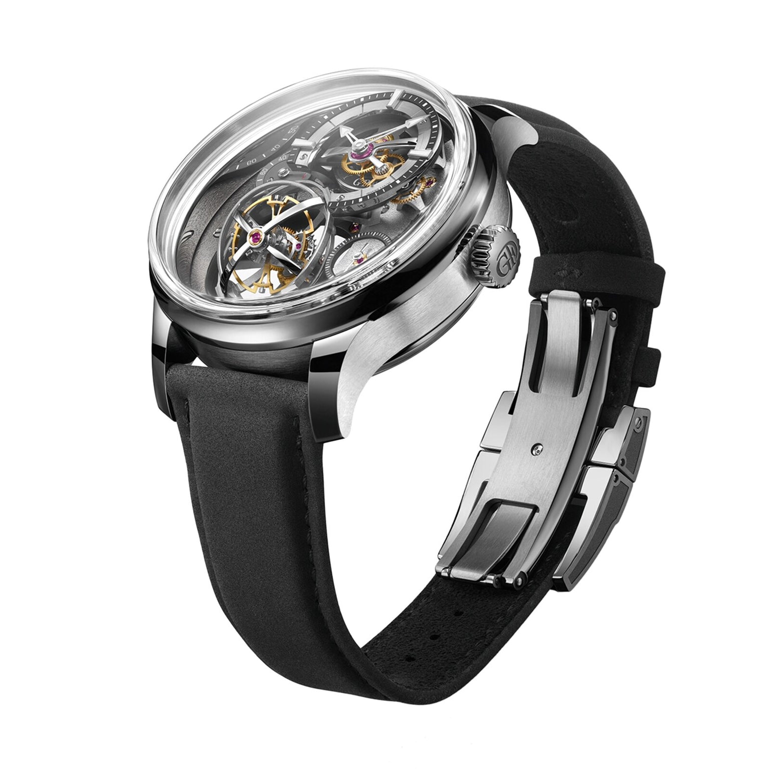 A close-up of the Greubel Forsey Tourbillon Cardan luxury wristwatch featuring an exposed mechanical movement, black leather strap, and silver metal case and clasp—an exceptional piece of high-end watchmaking.