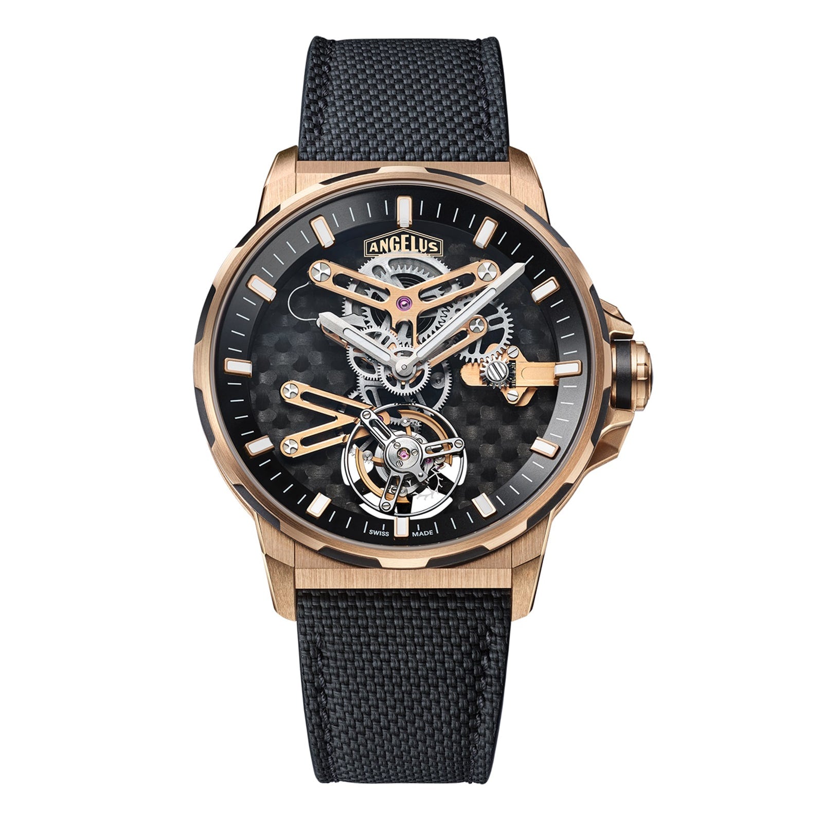 The Angelus Gold & Carbon Flying Tourbillon features a luxury skeleton design with a black textured strap, gold case, and exposed gears on the black dial.