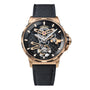 The Angelus Gold & Carbon Flying Tourbillon features a luxury skeleton design with a black textured strap, gold case, and exposed gears on the black dial.