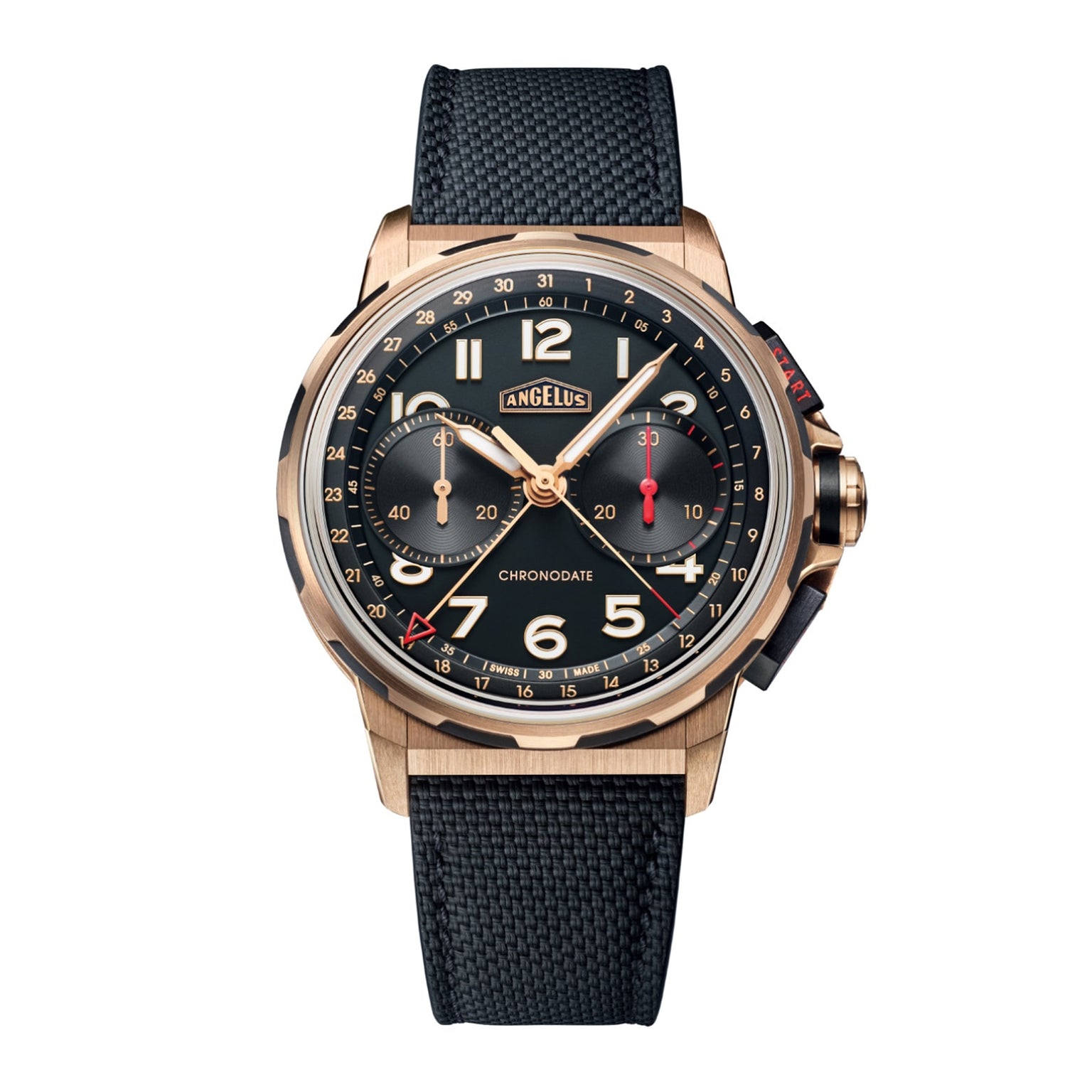 The Angelus Chronodate Gold Black is a gold chronograph wristwatch featuring a black dial, black strap, and bold numerals with distinct subdials.