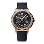 The Angelus Chronodate Gold Black is a gold chronograph wristwatch featuring a black dial, black strap, and bold numerals with distinct subdials.