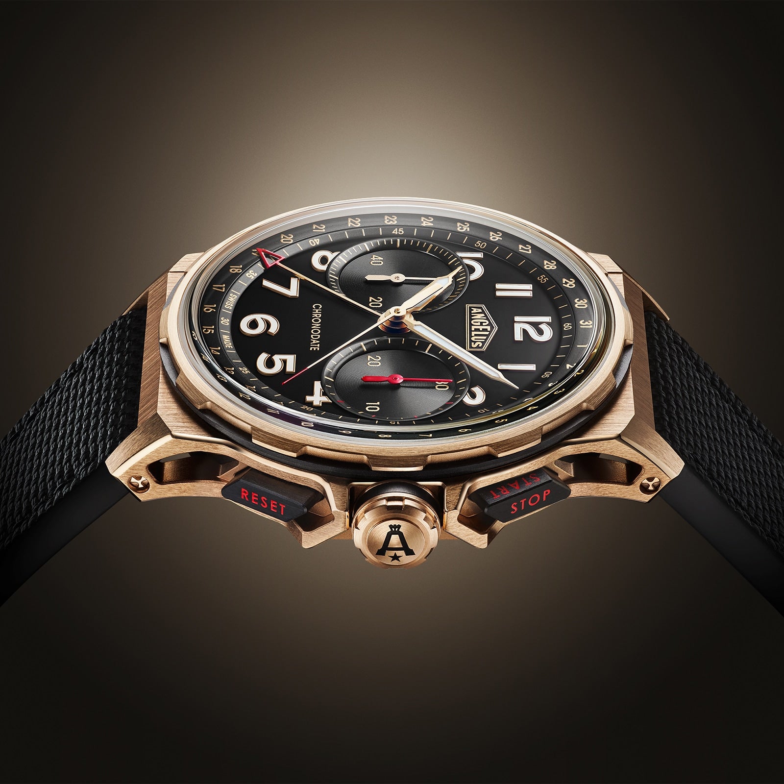 The Angelus Chronodate Gold Black is a luxury chronograph wristwatch featuring a black dial with bold numerals and a textured black strap.