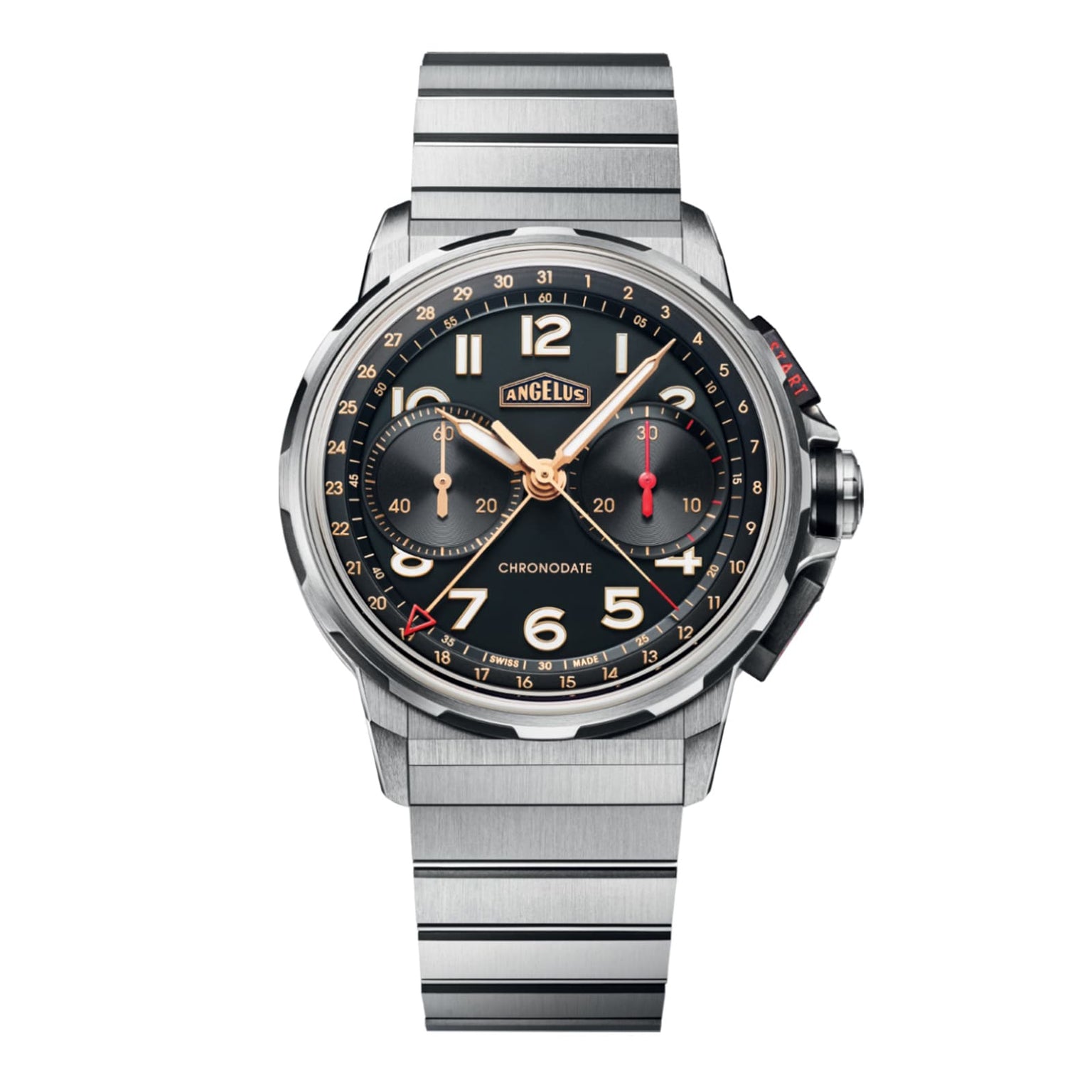 Angelus Chronodate Titanium Black Titanium wristwatch with a black dial, gold hands, two subdials, bold white numerals, and a sleek metal band.