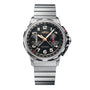 Angelus Chronodate Titanium Black Titanium wristwatch with a black dial, gold hands, two subdials, bold white numerals, and a sleek metal band.