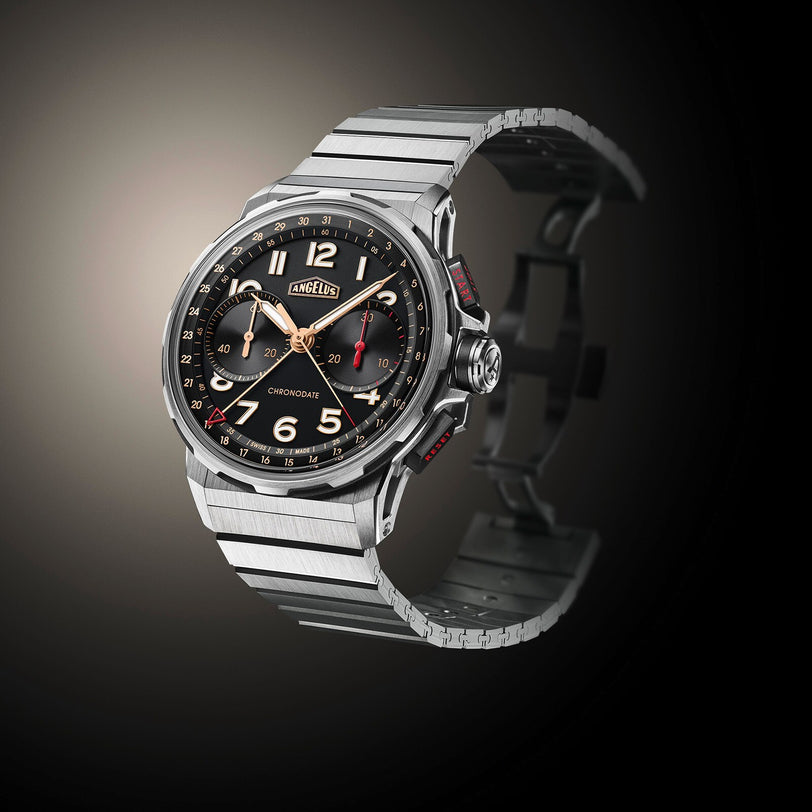 The Angelus Chronodate Titanium Black Titanium luxury wristwatch features a black dial and titanium strap, elegantly displayed against a gradient dark background.