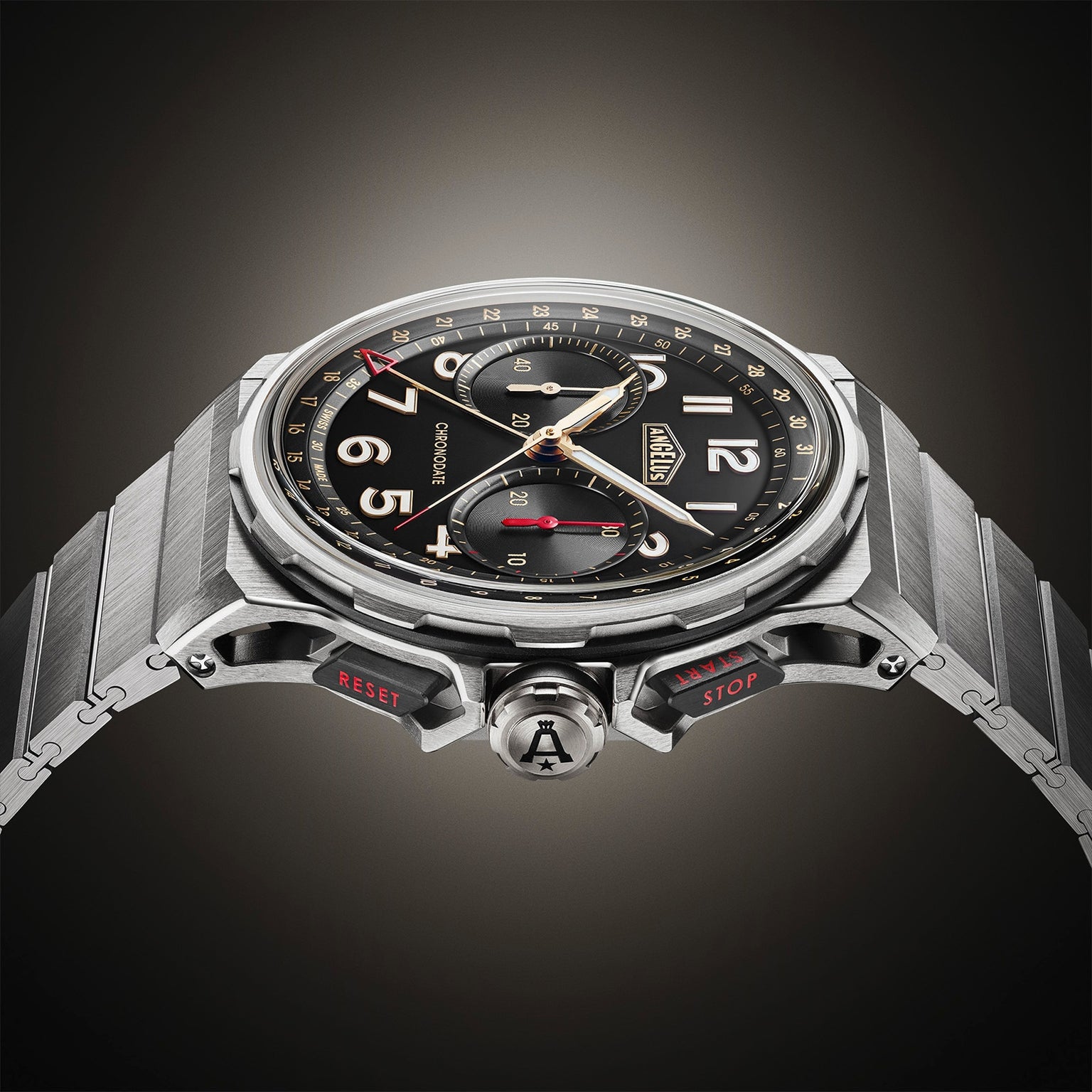 The Angelus Chronodate Titanium Black Titanium wristwatch features a black dial, gold accents, and chronograph functions, showcased against a dark gradient background.