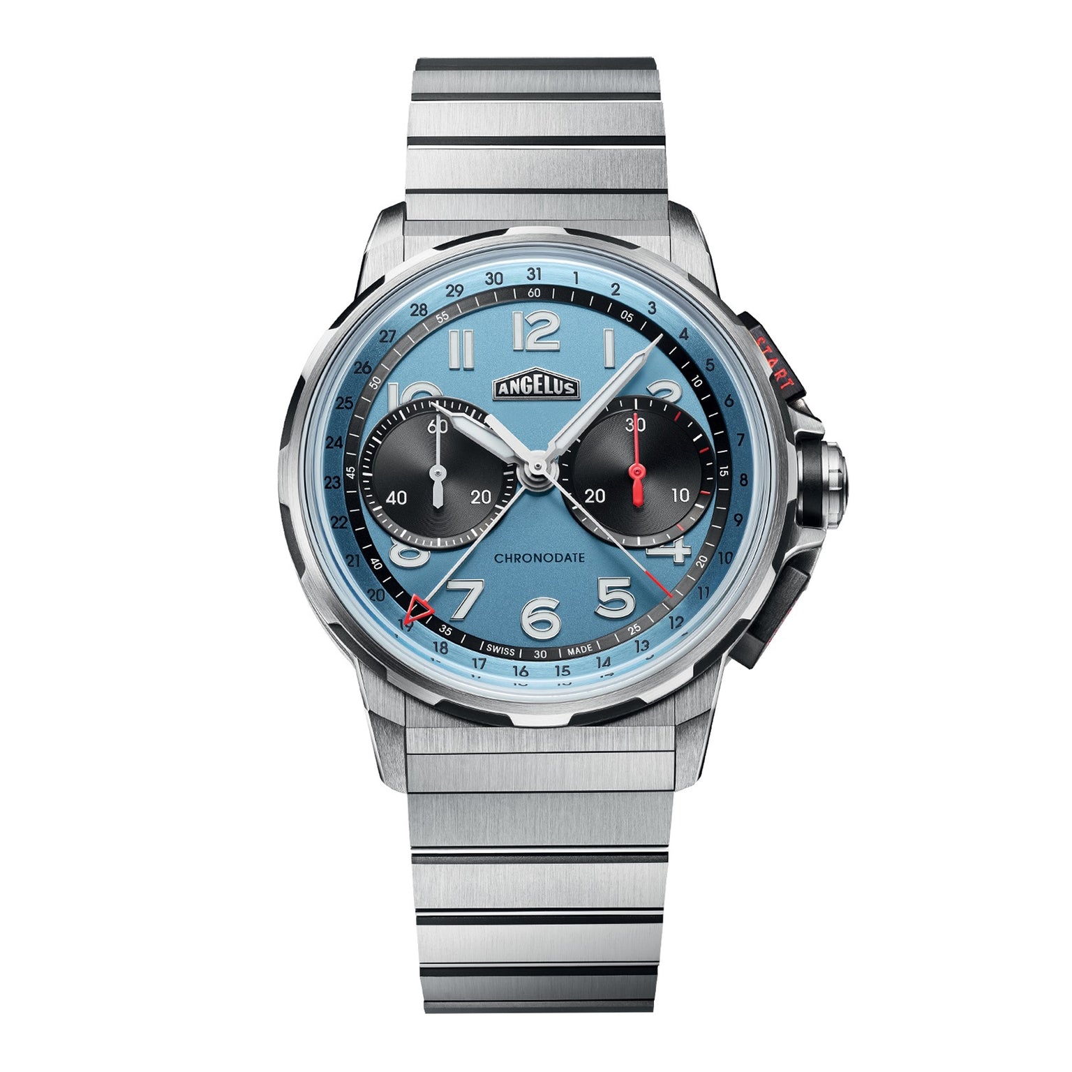 The Angelus Chronodate Titanium Storm Blue Titanium features a blue face, black subdials, and silver hour markers on a sleek titanium link band.