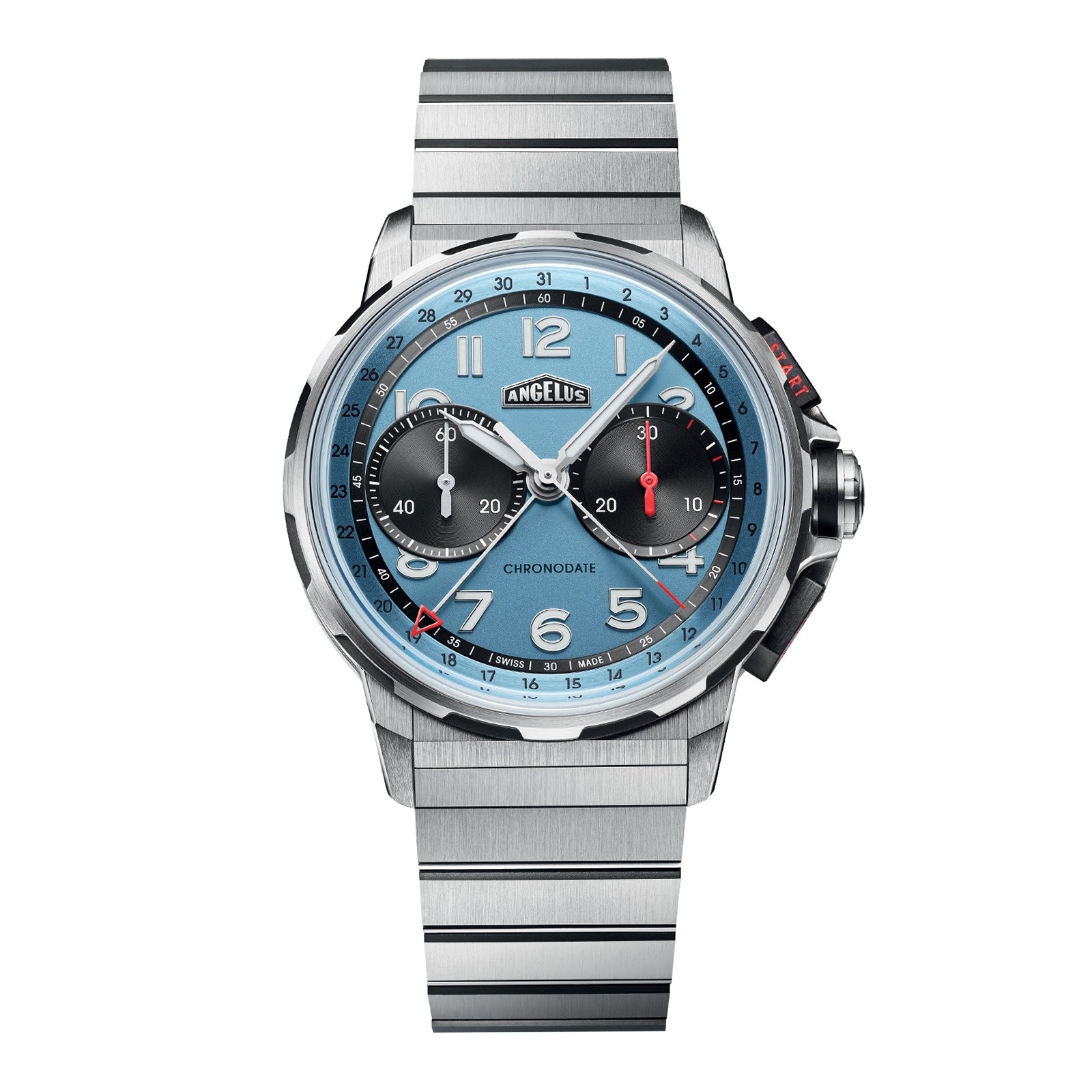 The Angelus Chronodate Titanium Storm Blue Titanium features a blue face, black subdials, and silver hour markers on a sleek titanium link band.