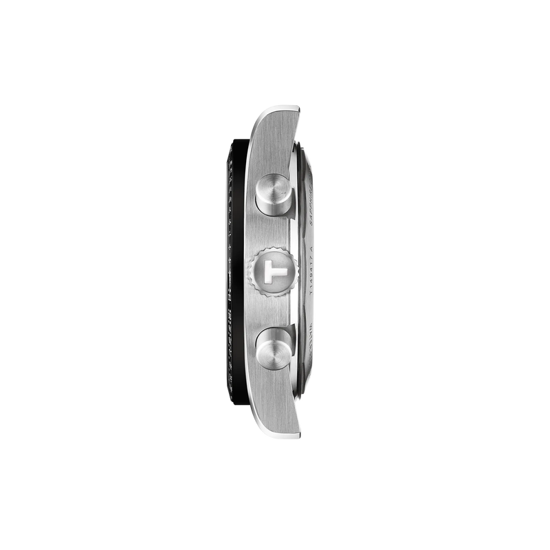 Close-up of a watch case with a brand logo on a white background