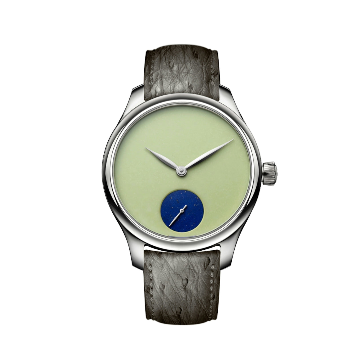 Wristwatch with green dial and gray leather strap on white background