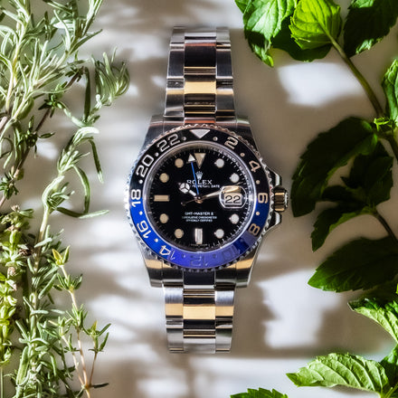 Rolex GMT Master II Silver watch with blue and black bezel on a white surface with green leaves