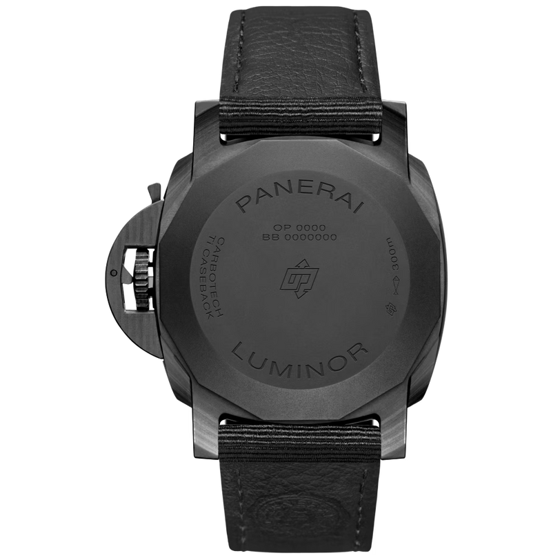 The back view of the Panerai Luminor Marina Carbotech™ shows a black case, leather strap, “CARBOTECH CASEBACK,” “300M,” and Panerai logo engravings. It features a P.9010 calibre (3-day reserve) and signature protective crown guard.