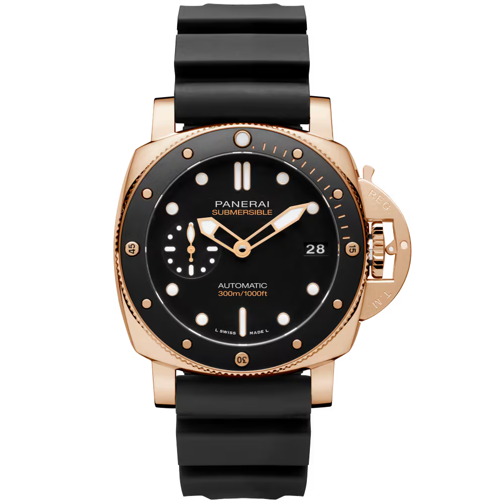 The Panerai Submersible Goldtech™ is a luxury automatic watch with a black rubber strap, black dial, gold case, round markers, date display, 300m/1000ft water resistance, and a P.900 calibre offering a 3-day power reserve.