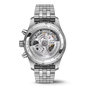 Back view of the IWC Schaffhausen Pilots Watch Chronograph 41 with a stainless steel case, visible mechanical movement, engraved case details, and a metal link bracelet.