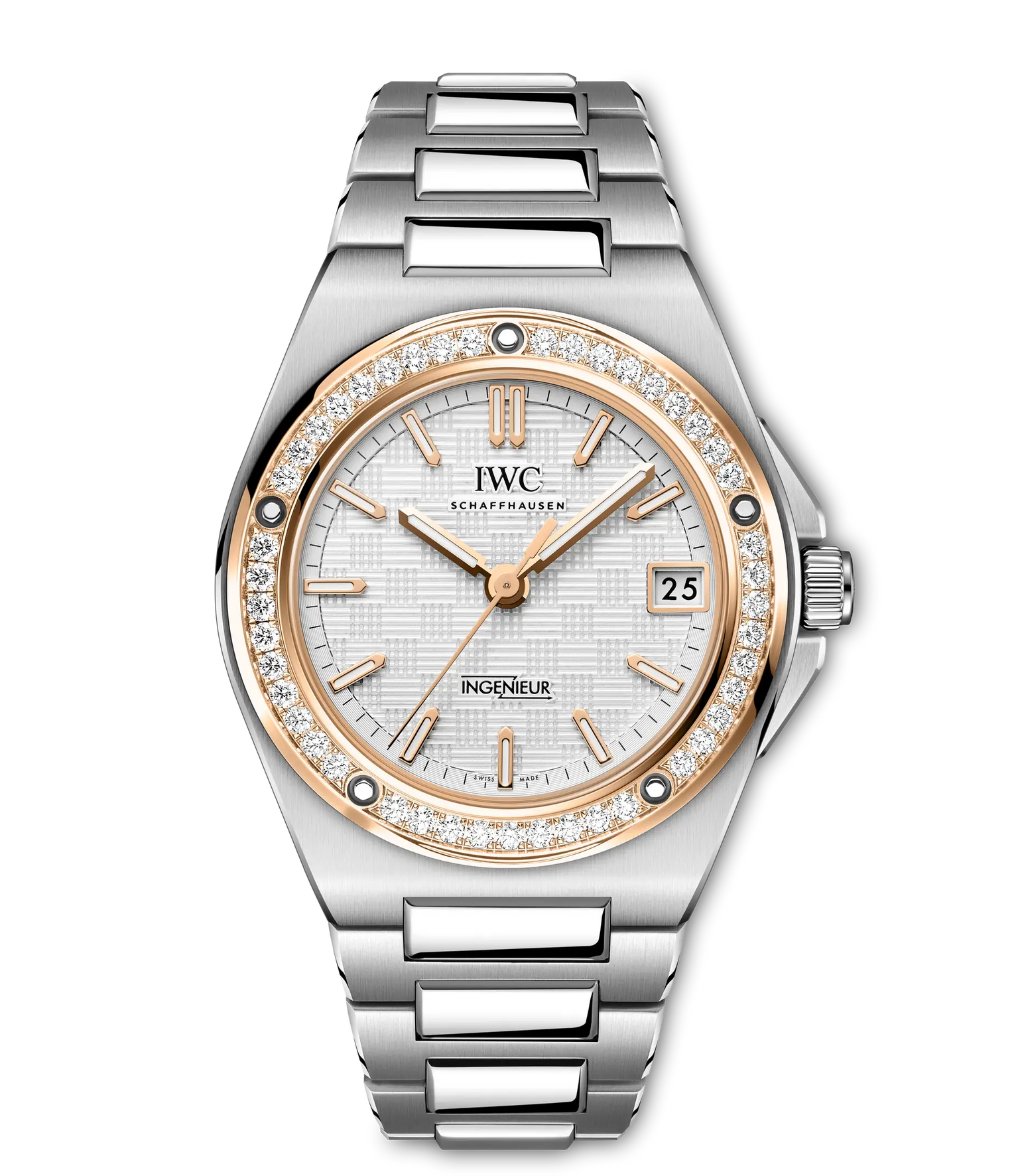 Silver and rose gold stainless steel watch with diamond bezel, white dial, date window, and matching bracelet.