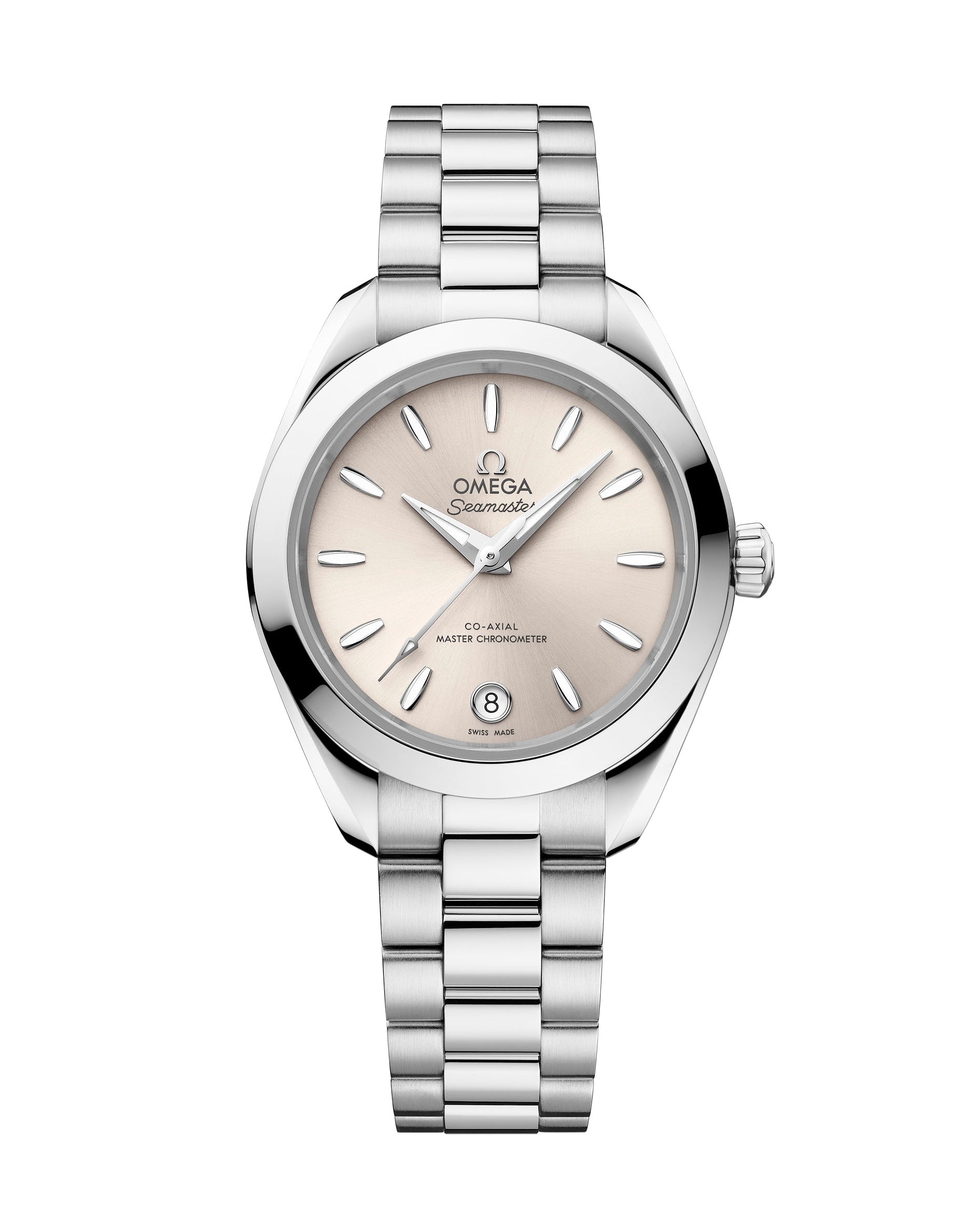 A silver OMEGA Seamaster Aqua Terra 150M wristwatch with a stainless steel bracelet, light champagne dial, silver hour markers, date window at 6 o’clock, and Omega logo with Co-Axial Master Chronometer branding on the face.