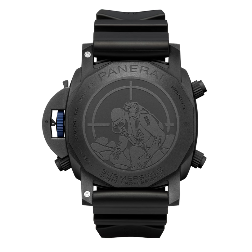 Back view of the Panerai Submersible Forze Speciali shows an engraved image of two divers, sonar-like circular lines, and professional diver’s watch labeling. Features the Panerai P.9100/R calibre with a 3-day power reserve.