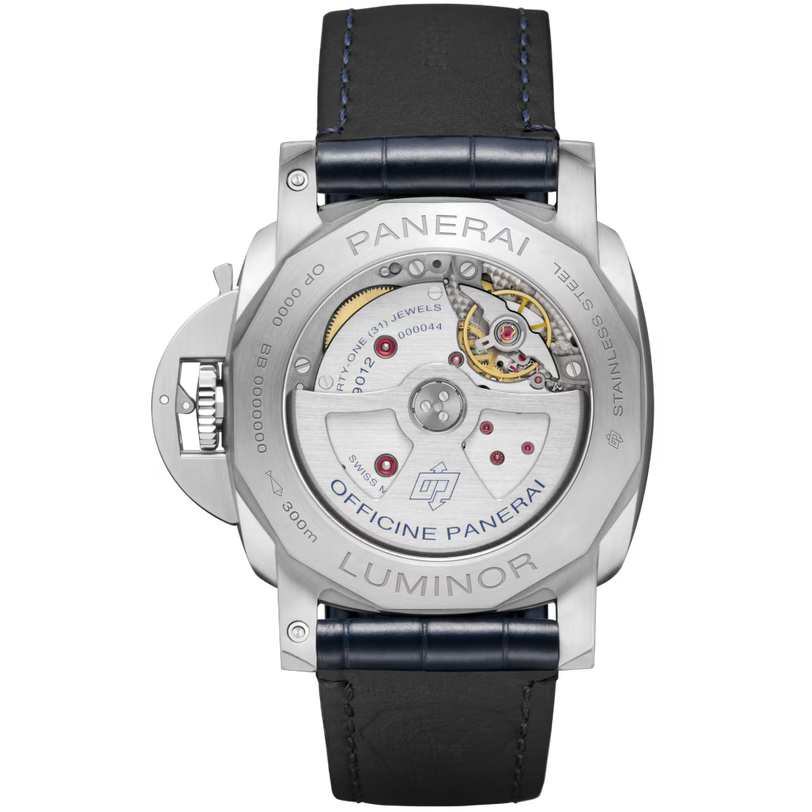 Close-up of the back of a Panerai Luminor BiTempo watch, highlighting its P.9012 calibre automatic movement, engraved details, and a black leather strap with blue stitching. Power reserve: 3 days.