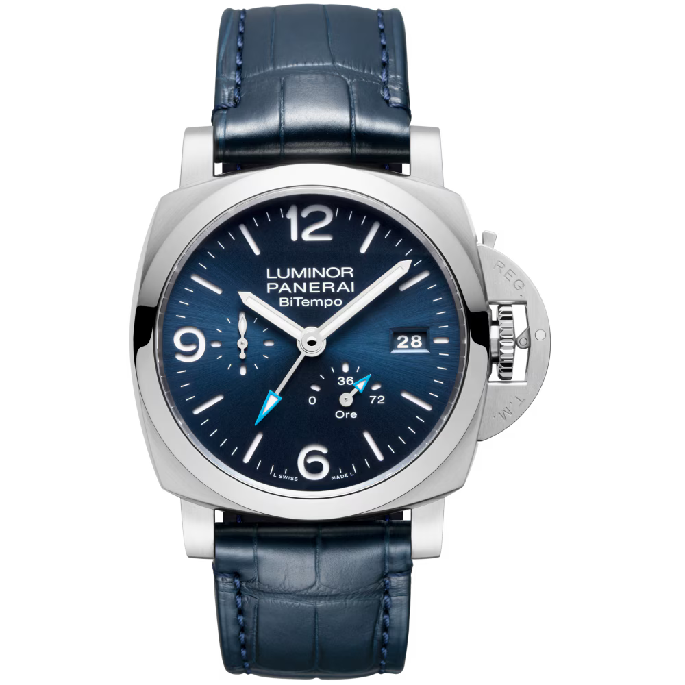 The Panerai Luminor BiTempo is a luxury watch featuring a blue dial, silver markers, date at 3 o’clock, dual time zone, blue leather strap, and an automatic P.9012 calibre movement with a 3-day power reserve.