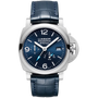 The Panerai Luminor BiTempo is a luxury watch featuring a blue dial, silver markers, date at 3 o’clock, dual time zone, blue leather strap, and an automatic P.9012 calibre movement with a 3-day power reserve.