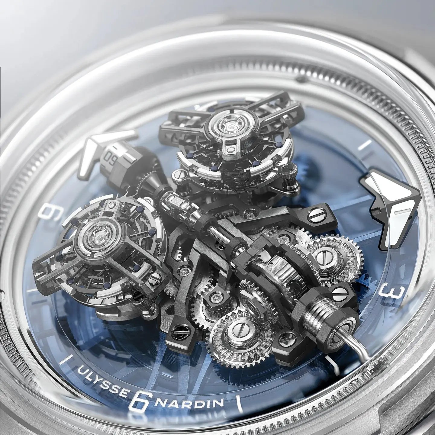 Close-up of a Ulysse Nardin watch with intricate mechanical components.