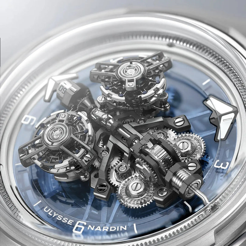 Close-up of a Ulysse Nardin watch with intricate mechanical components.