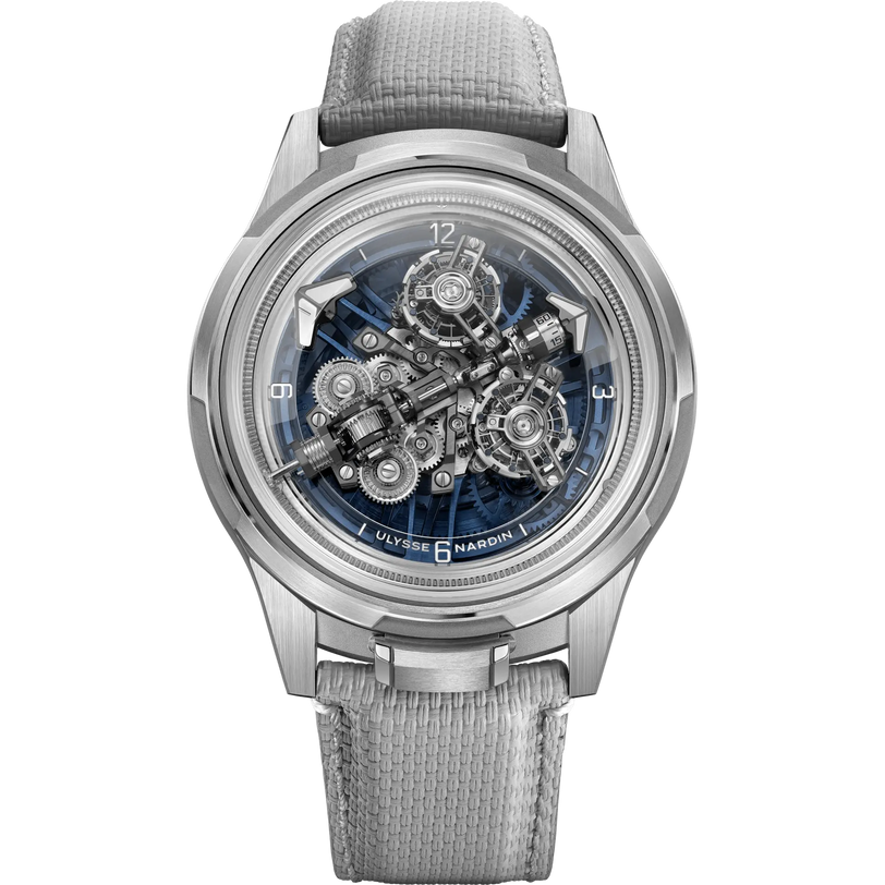 Mechanical watch with gray strap and transparent face on white background