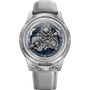 Mechanical watch with gray strap and transparent face on white background