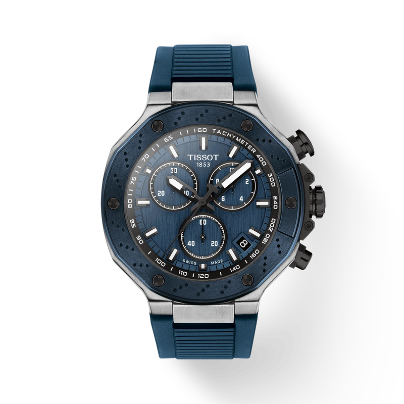 Blue Tissot watch with a detailed face on a white background