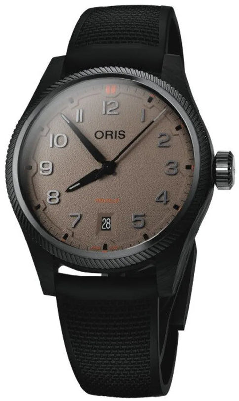 Oris watch with black strap and brown dial on a white background