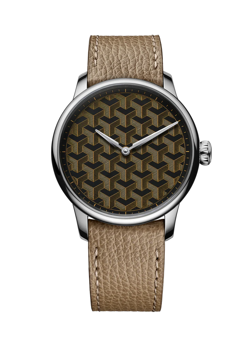 Watch with brown leather strap and geometric patterned dial on a white background