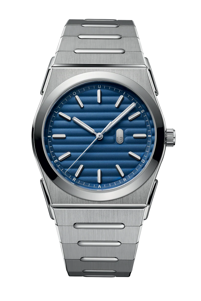 Silver watch with a blue face on a white background