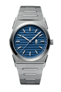 Silver watch with a blue face on a white background
