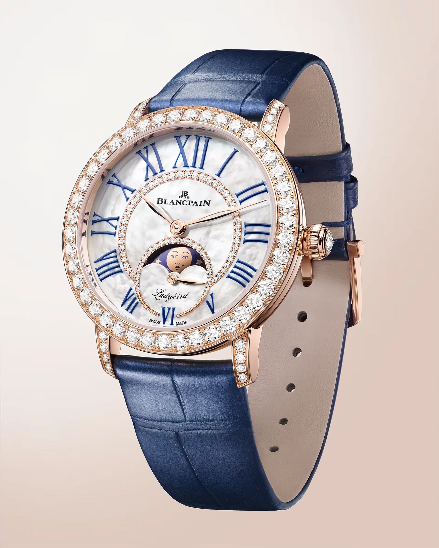 Ladybird Colors Phases de Lune | 34.9mm, Mother-of-pearl set dial with diamond, Alligator leather Strap,