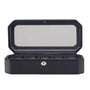 The WOLF Windsor 5 Piece Watch Box features a black leather exterior, glass lid, five slots, and a keyhole on the front.