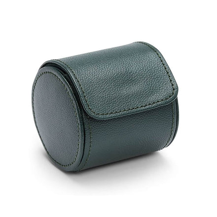 The WOLF British Racing Single Watch Roll is a dark green leather cylindrical case with a flap closure, displayed on a white background.