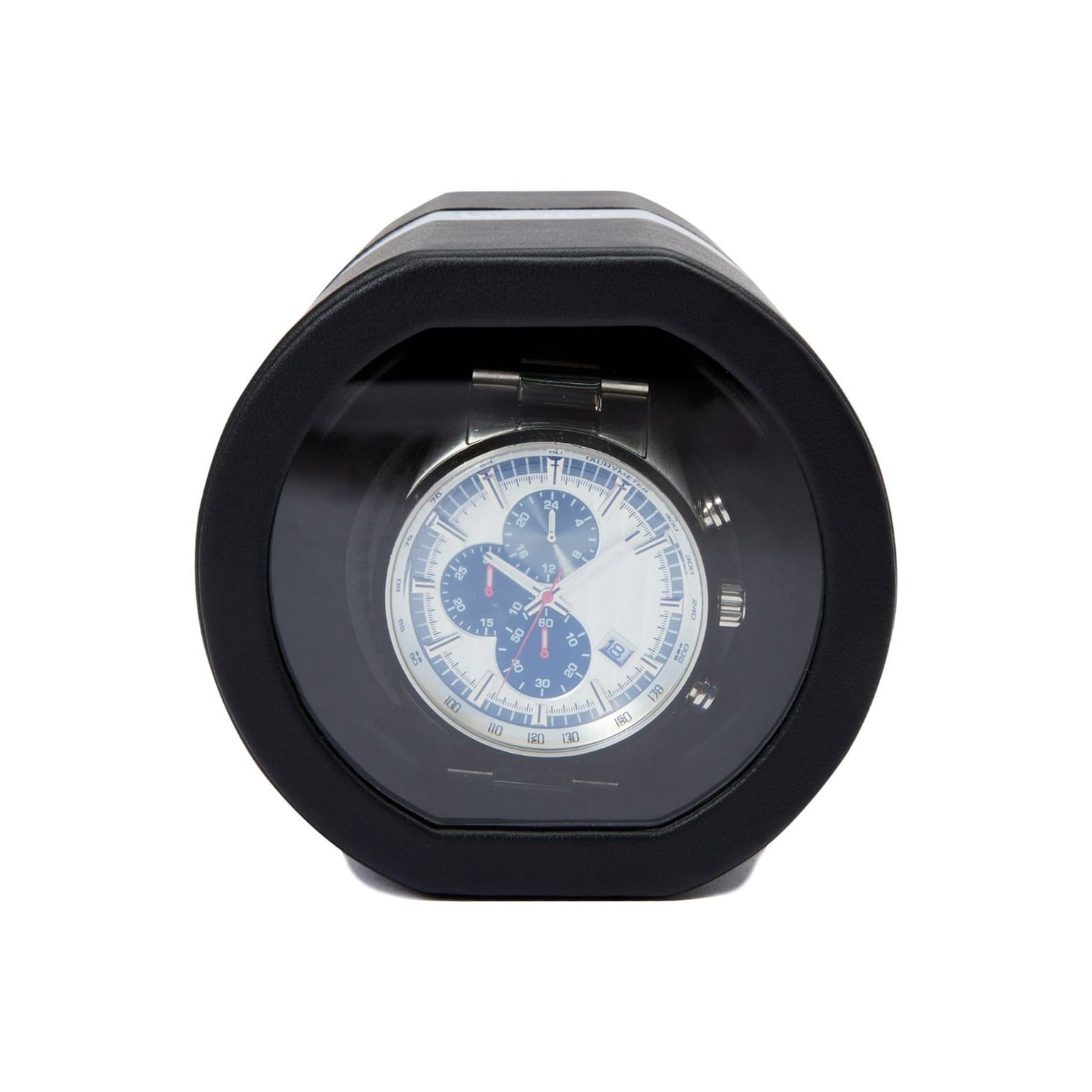 The Rocket by WOLF is a wristwatch featuring a blue dial in a black, round display case with a clear front.