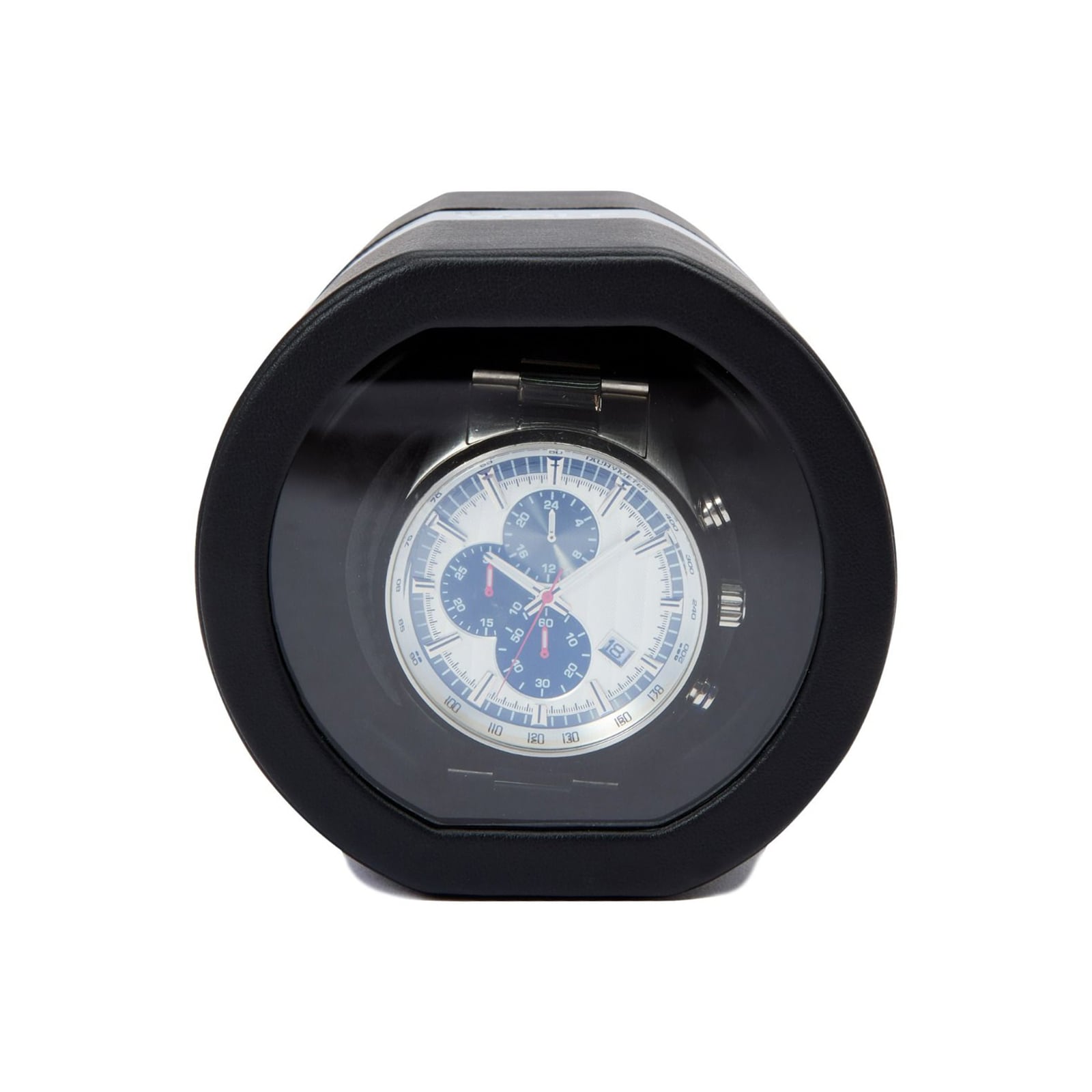 The Rocket by WOLF is a wristwatch featuring a blue dial in a black, round display case with a clear front.