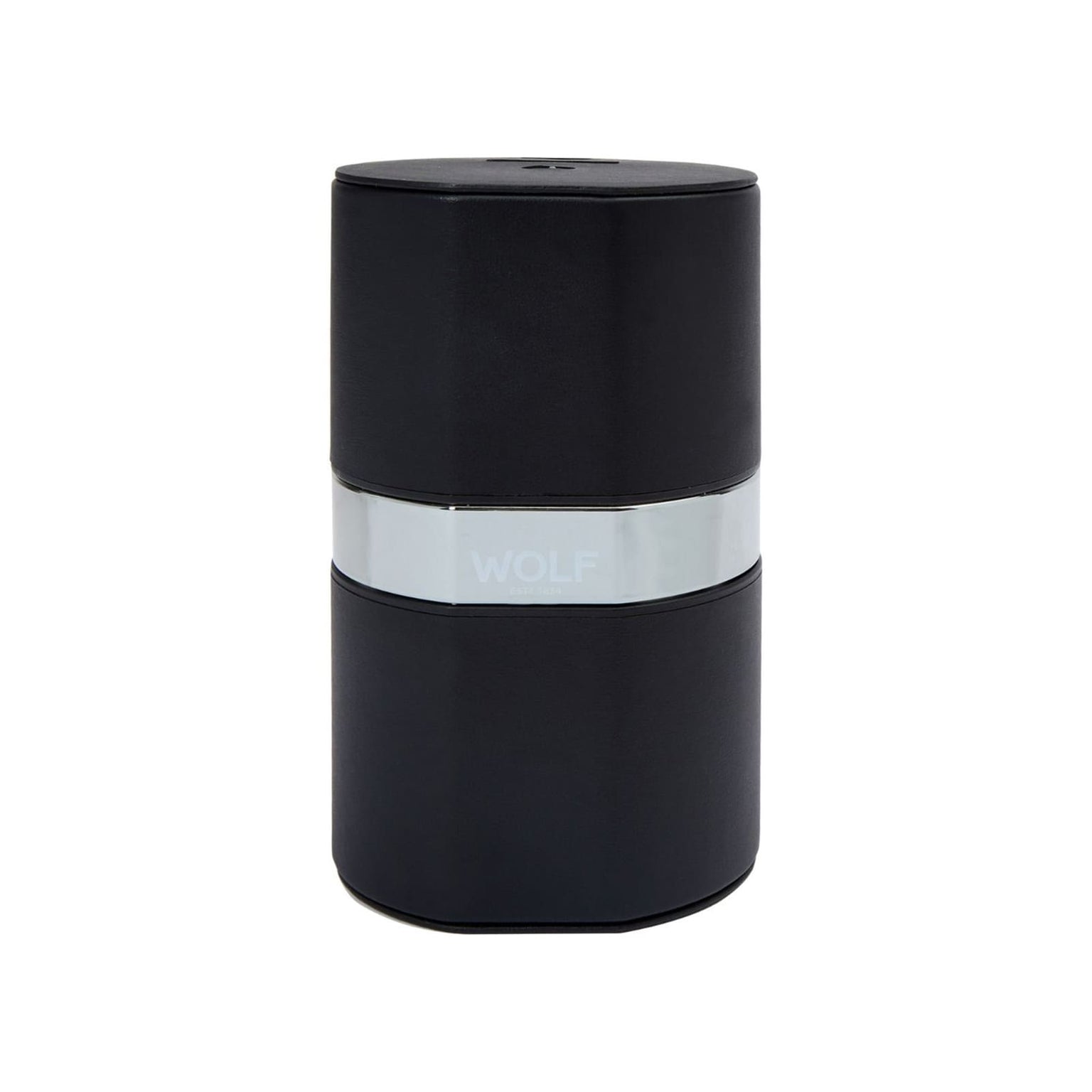 A black cylindrical container called The Rocket by WOLF, featuring a metallic silver band with the WOLF logo in the center.