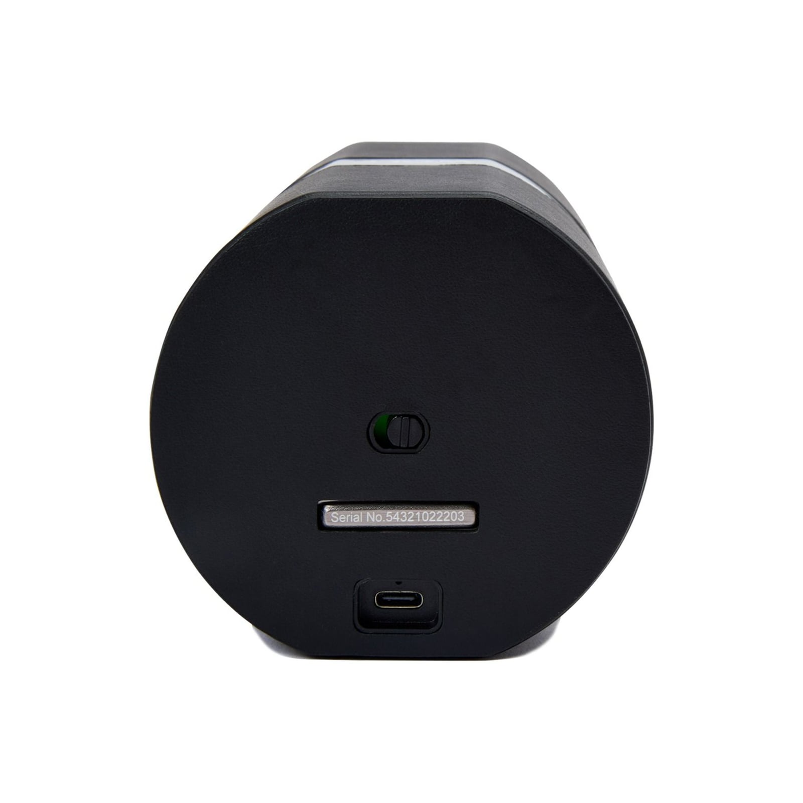 The WOLF Rocket is a black cylindrical device featuring a switch, serial number, and USB-C port on the bottom, shown against a white background.