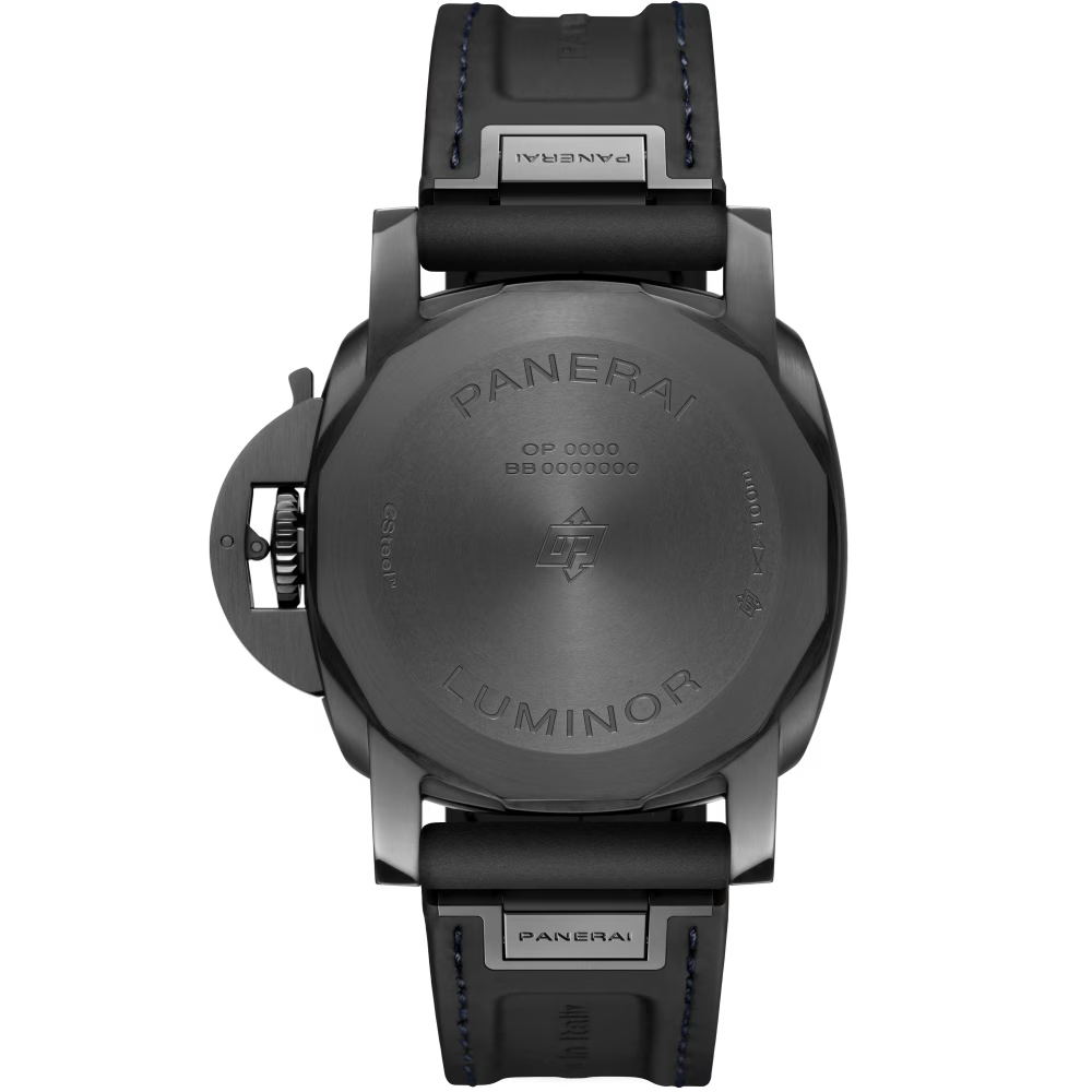 The back view of the Panerai Luminor Quaranta Steel DLC Luna Rossa watch reveals its engraved metal case back and highlights the fine craftsmanship of this automatic timepiece with a black case and leather strap.
