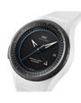 White IWC watch with black dial on a white background