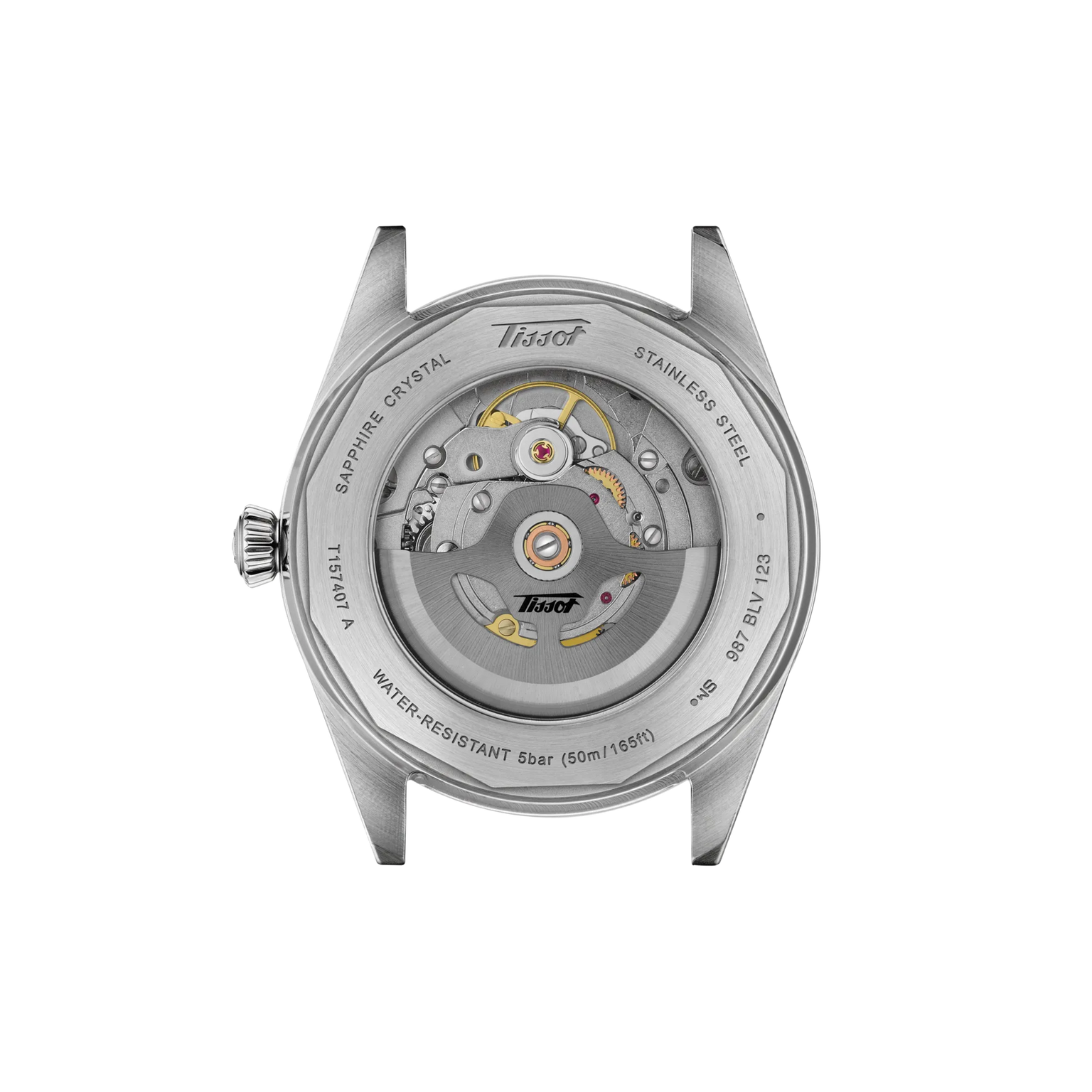 Stainless steel watch case back showing visible automatic movement with gold and silver components, water resistant to 50m.