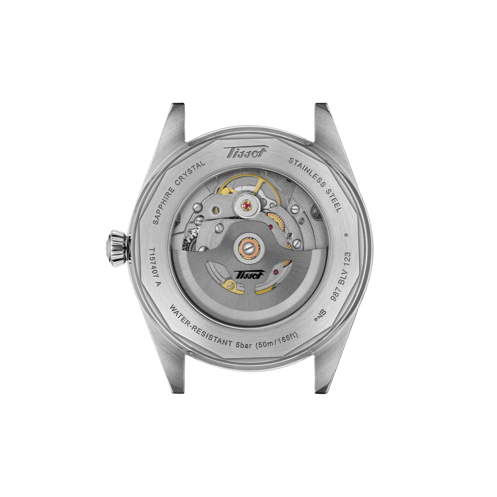 Stainless steel watch case back showing visible automatic movement with gold and silver components, water resistant to 50m.