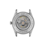 Stainless steel watch case back showing visible automatic movement with gold and silver components, water resistant to 50m.
